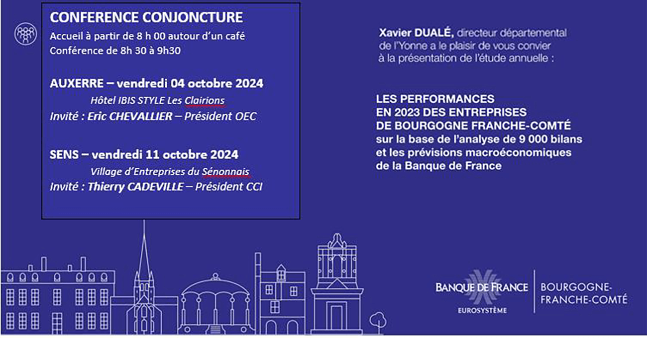 Les performances en 2023 des entreprises de BOURGOGNE FRANCHE-COMTÉ sur la base de l’analyse de 9000 bilans et les prévisions macroéconomiques de la Banque de France » Le vendredi 04 octobre 2024 de 8h30 à 9h30 à l’hôtel IBIS STYLE les clairions à Auxerre Le vendredi 11 octobre 2024 de 8h30 à 9h30 au Village d’Entreprises du Sénonnais à Sens