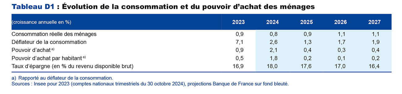 Tableau D1 : Évolution de la consommation et du pouvoir d'achat des ménages