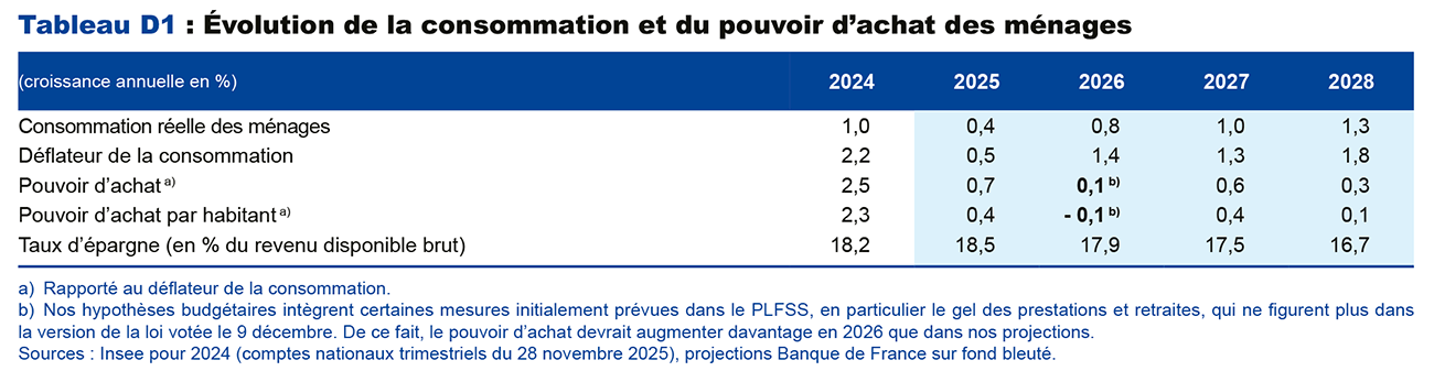 Tableau D1 : Évolution de la consommation et du pouvoir d'achat des ménages