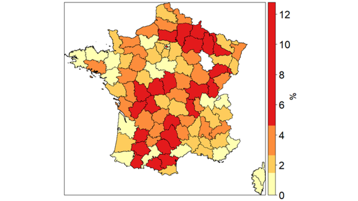 part des dépôts de permis de construire des personnes morales consistant en un changement de destination, par département, entre 2017 et 2019.