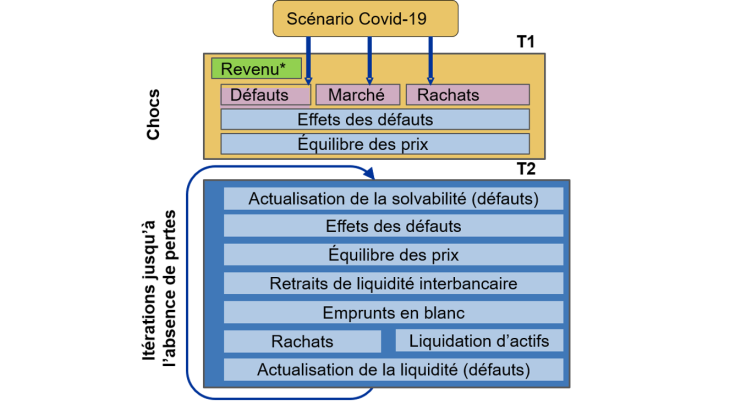 Figure 2 : Cadre de modélisation avec choc initial et canaux de transmission Source : Sydow et al. (2021). Note : La dynamique du modèle résulte des chocs générés par le scénario initial. Nous appliquons comme scénario initial le choc lié à la Covid-19 à compter de 2020.