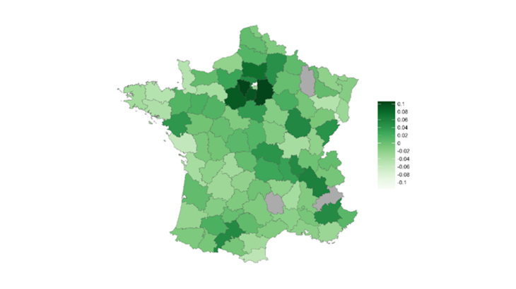 Graphique 1b : Indice de télétravail par département Source : Bergeaud et al., 2021.