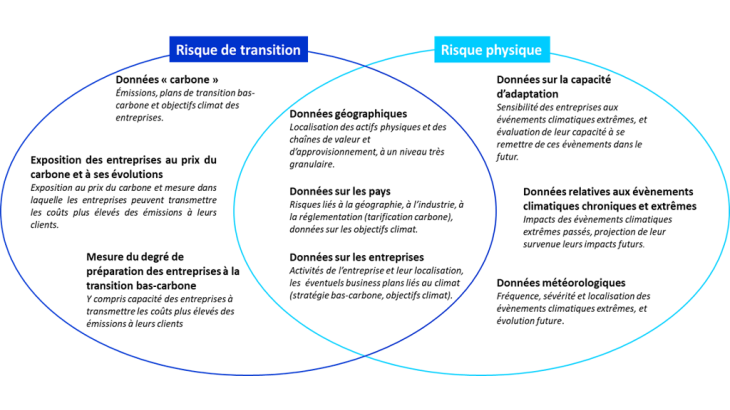 Graphique 2 : Principaux besoins en données pour l’évaluation des risques physique et de transition Source : NGFS, Progress report on bridging data gaps (2021), mise en forme de l’auteur