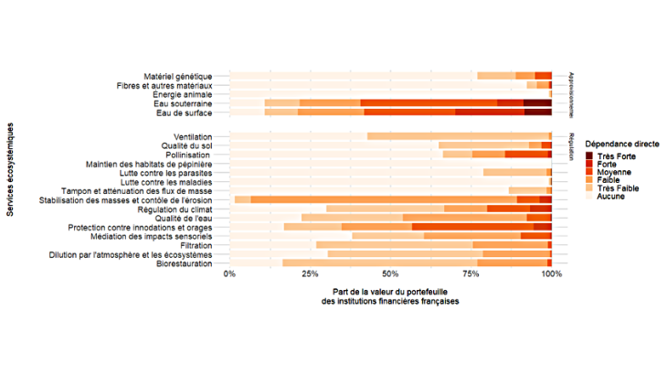 Graphique 3 : Niveau de dépendance du portefeuille à 21 services écosystémiques Source : Svartzman et al. (2021) Note : Environ 30 % (respectivement environ 15 %) du portefeuille a une dépendance Forte ou Très Forte au service écosystémique « eau de surface » (respectivement « eau souterraine »).