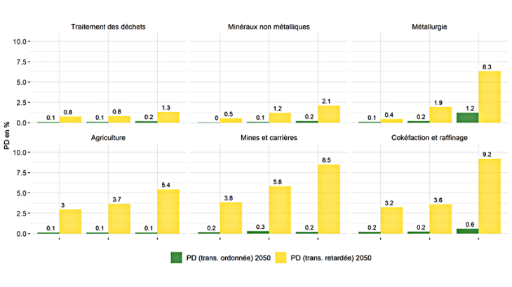 Graphique 3 :  Probabilités de défaut en 2050 pour les secteurs les plus affectés (Top 3 des entreprises impactées) Source : calcul des auteurs