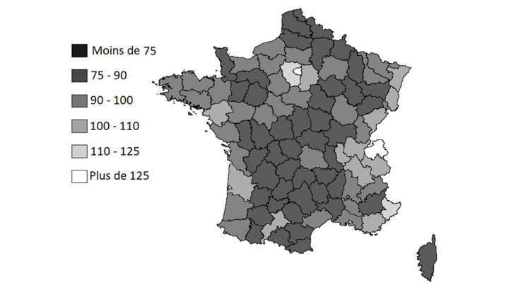 Revenus moyens relatifs des départements en 2015