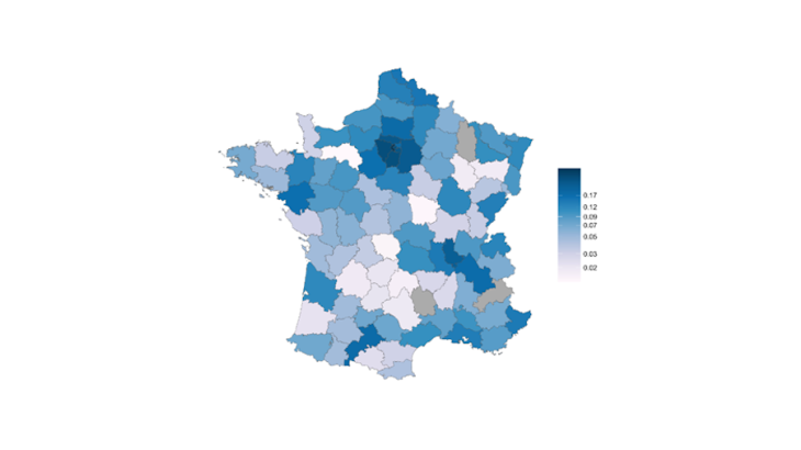 Graphique 1a : Indice de télétravail par département Source : Bergeaud et al., 2021.