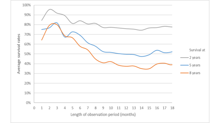 The survival rate of companies decreases with the length of proceedings