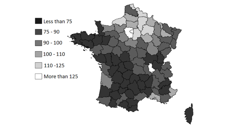 Relative average incomes of the départements in 1922