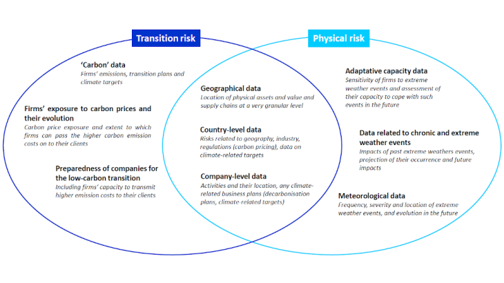 Chart 2: Main data needs for the assessment of physical and transition risks Source: NGFS, Progress report on bridging data gaps (2021), author’s layout.