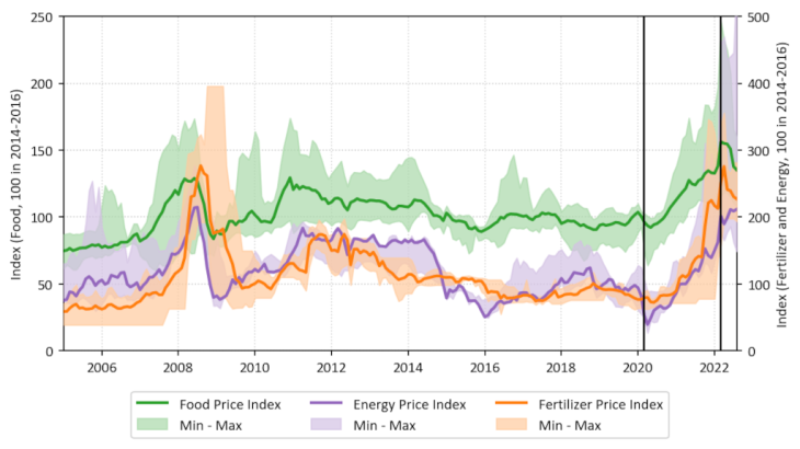 Chart 2: World food and fertilizer prices Source: FAO (food prices), World Bank (energy and fertilizer prices). Produced by the authors.