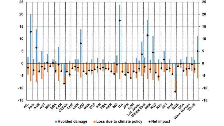 Costs and benefits of a climate policy in a high carbon tax scenario (as a % of GDP relative to the BAU scenario, first bar: 2060, second: 2100)