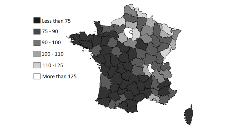 Relative average incomes of the départements in 1948