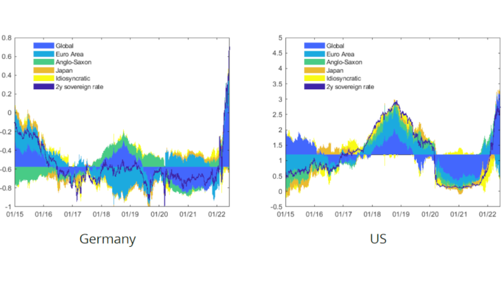 Chart 3: Global-local factor decomposition of the German and US 2Y sovereign nominal yields Source: Bloomberg, authors’ calculations. Note: Solid lines represent the yields. Areas show the contribution of each factor relative to the 2015-2022 average rate. Latest observation: 06/07/2022.