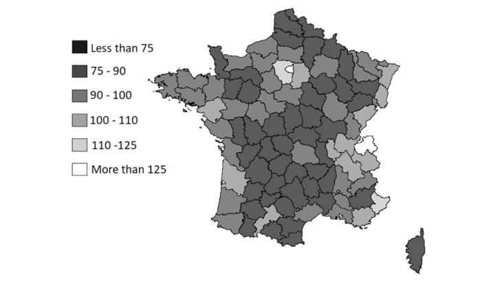 Relative average incomes of the départements in 2015