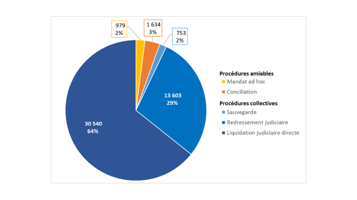 Graphique 1 : Les procédures amiables, plus efficaces pour rebondir, ne représentent que 5% des procédures ouvertes en 2019 Note : la liquidation judiciaire est dite directe dès lors que l’entreprise n’a pas eu recours à d’autres procédures en amont. Source : ministère de la Justice – Exploitation statistique du répertoire général civil, année 2019