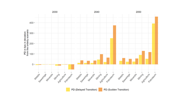 Chart 1: Changes in probabilities of default for the most affected sectors (PDs in bps in deviation from the orderly scenario) Source: authors’ calculations.