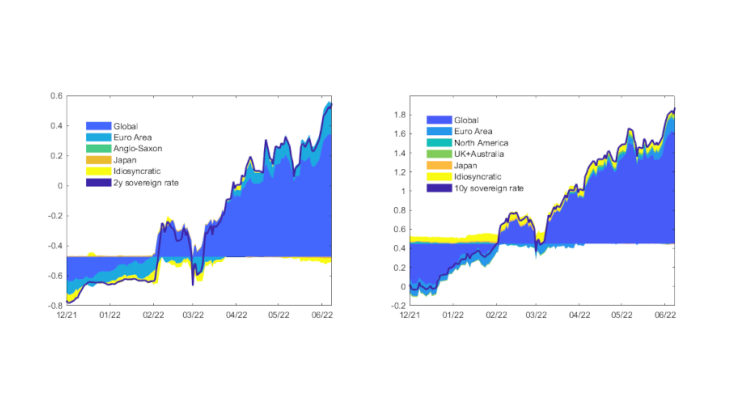 Chart 1 Global-local decomposition of French 2-year and 10-year sovereign yields Source: Bloomberg, authors’ calculations. Note: Solid lines represent the yields. Areas show the contribution of each factor relative to the 2015-2022 average rate. Latest observation: 06/07/2022.