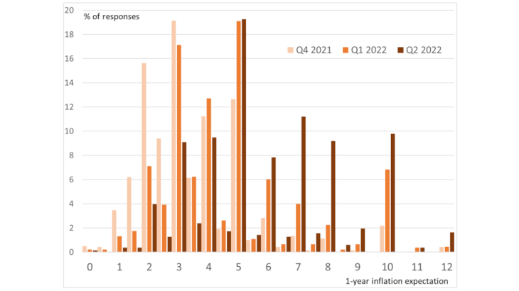 Chart 2: Distribution of one-year inflation expectations since end-2021 Source: IE-Banque de France survey, responses to the question "In percentage terms, what do you think the inflation rate will be in one year in France?