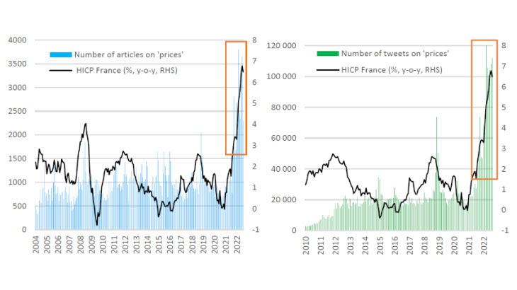 Chart 2. Number of press articles and tweets on prices Sources: Factiva, Twitter, INSEE, authors’ calculations.