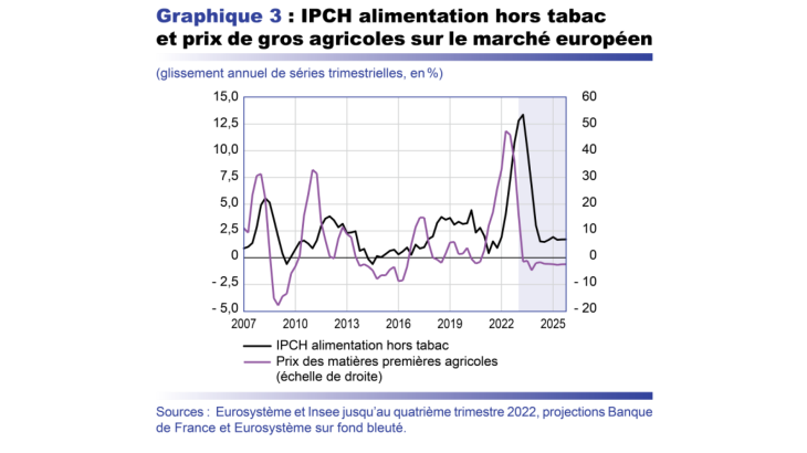 Projection macro mars 2023 - IPCH alimentation hors tabac et prix de gros agricoles sur le marché européen