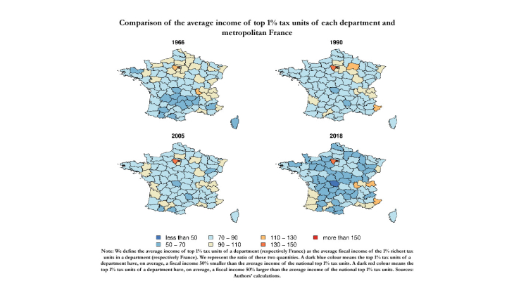 Comparison of the average income of top 1% tax units of each department and metropolitan france