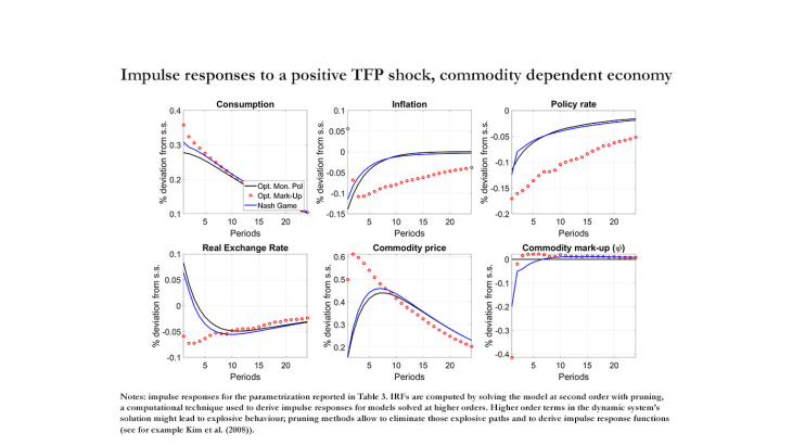 Impulse responses to a positive TFP shock, commodity dependent economy