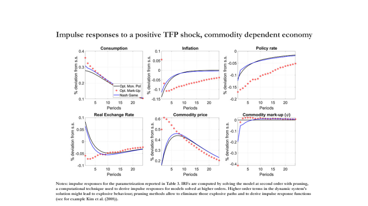 Impulse responses to a positive TFP shock, commodity dependent economy