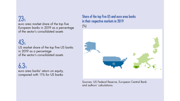 Share of the top five US and euro area banks in their respective markets in 2019