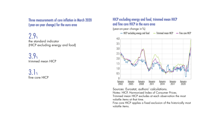 HICP excluding energy and food, trimmed mean HICP and fine core HICP in the euros area