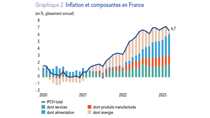 Notes : IPCH, indice des prix à la consommation harmonisé. Dernière donnée à mars 2023 (estimation finale). Sources : Eurostat, calculs Banque de France.