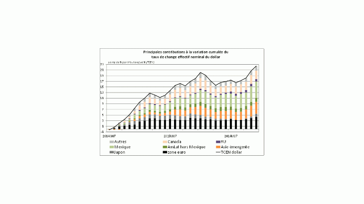 Principales contributions à la variation cumulée du taux de change effectif nominal du dollar