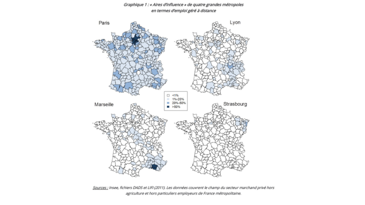 Aires d'influence de quatre métropoles en termes d'emploi géré à distance