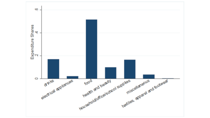 Chart 2: Distribution of expenditure across broad product categories. Source: Authors’ calculations based on data from AC Nielsen. Note: The chart shows the distribution of expenditure in the tradable goods industries with available price data.