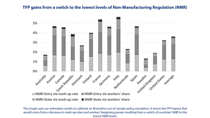 TFP gains from a switch to the lowest levels of non-manufacturing regulation (NMR)