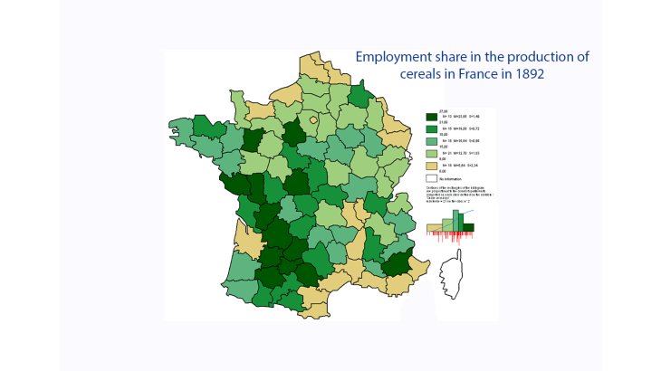 Employment share in the production of cereals in France in 1892