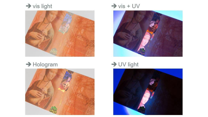 Hologrammes contenus dans les billets visibles sous UV