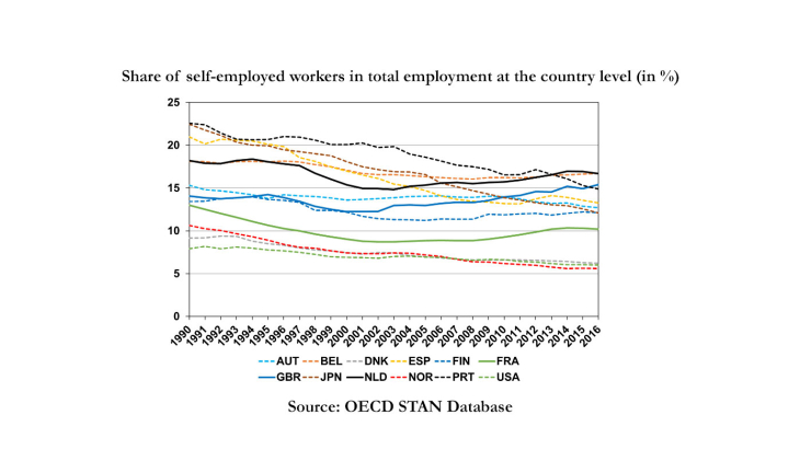 Share of self-employed workers in total employment at the country level (in %)