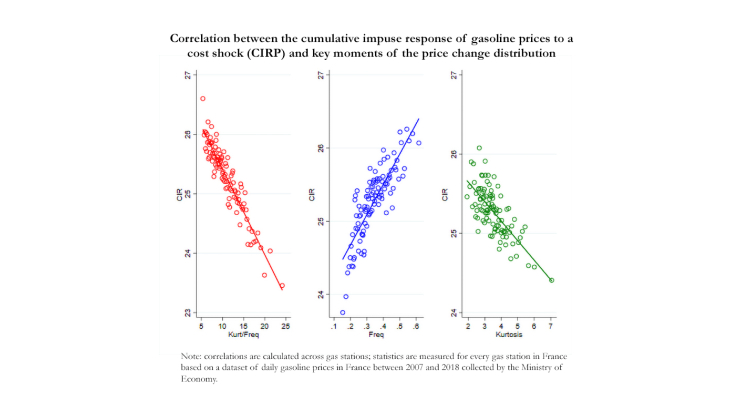 Correlation between the cumulative impulse response of gasoline prices to a cost shock and key moments of the price change distribution