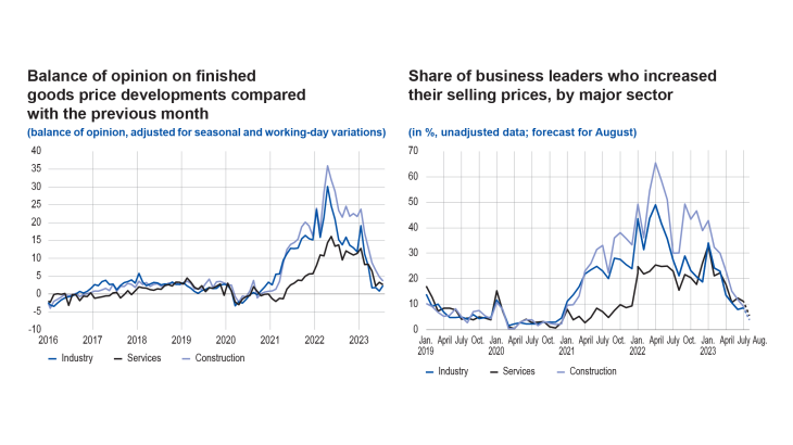 Balance of opinion on finishedgoods price developpments compared with the previous month/Share of business leaders who increased their siling prices, by major sector