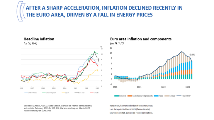After a sharp acceleration, inflation declined recently in the euro area, driven by fall in eniergy prices