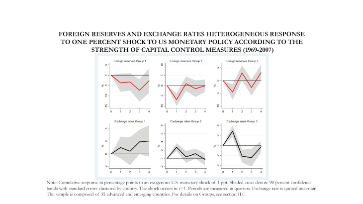 Foreign reserves and exchange rates heterogeneous response to one percent shock to us monetary policy  according to the strength of capital control measures (1969-2007)