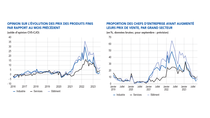 Opinion sur l'évolution des prix des produits finis et proportion des chefs d'entreprise ayant augmenté leurs prix de vente, par grand secteur