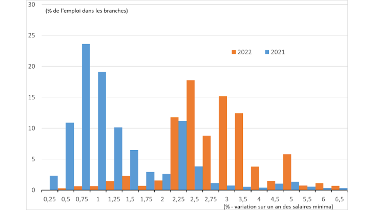 Graphique 2 : Distribution des hausses négociées pour 2022 (glissement annuel, %) Source : BDF (300 branches nationales, régionales et départementales – secteur privé - salaires minima).