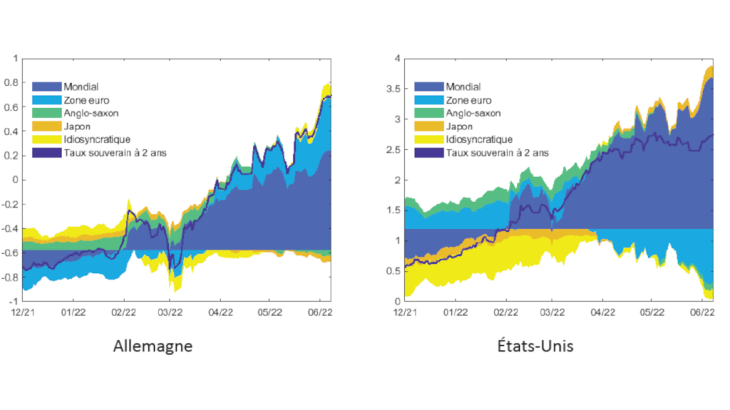 Figure 5 : Décomposition des rendements nominaux des obligations souveraines à 2 ans allemandes et américaines en fonction du facteur mondial/local – derniers mois Sources : Bloomberg, calculs des auteurs. Notes : Les lignes continues représentent les rendements. Les zones colorées indiquent la contribution de chaque facteur par rapport au taux moyen sur la période 2015-2022. Dernière observation : 06/07/2022.