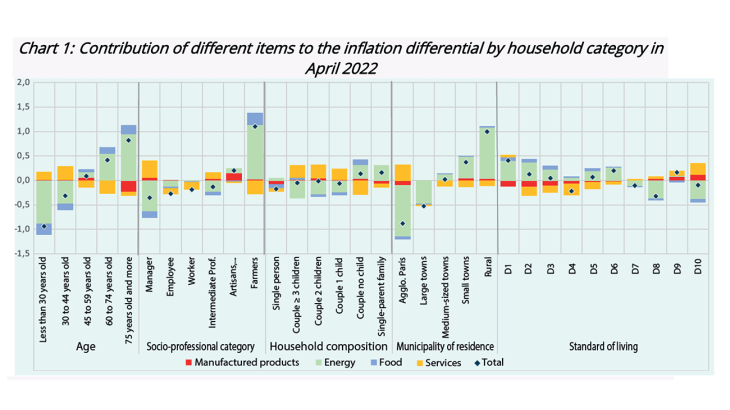 Source: “War and prices”, Conjoncture in France, June 2022, INSEE (CPI, Household budget survey). Notes: in April 2022, inflation was 1 percentage point higher for households living in rural areas than for headline inflation. Energy contributed 1.1 percentage point to this differential