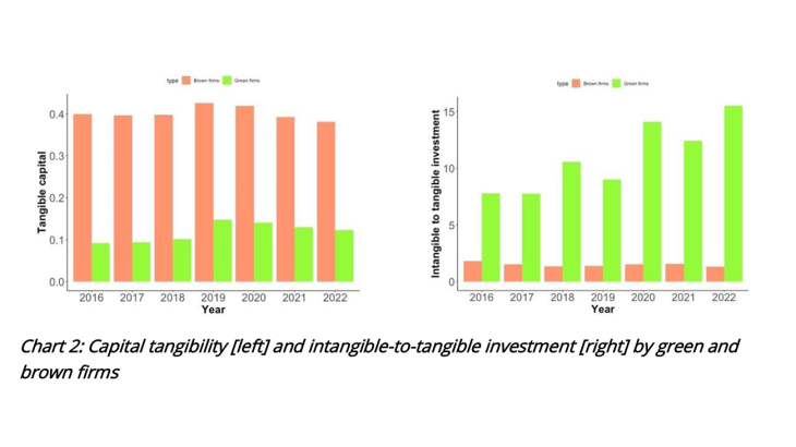 Source: Trucost, Capital IQ Note: Tangible capital is NPPE to total assets. Intangible investment is sum of R&D and 30% of SG&A expenses, while tangible investment is capital expenditure. Green firms are firms in bottom 25 percentile and brown firms are in top 25 percentile of emission intensity. Bars are group means.