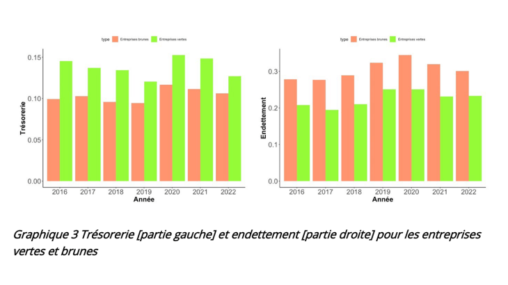 Sources : Trucost, Capital IQ Note : La trésorerie correspond au ratio de liquidité et de son équivalent rapporté au total de l’actif. L’endettement correspond à la dette totale rapportée au total des actifs. Entreprises vertes, entreprises brunes et barres : cf. graphique 2