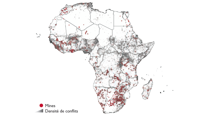 Densité des conflits (1989-2022) et localisation des mines (2019, hors pétrole et gaz) en Afrique