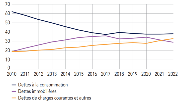 Part des grandes catégories de dettes dans l’endettement global  des ménages surendettés (en%)